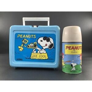 H Vintage Plastic W/Thermos Peanuts Lunch Box Snoopy Joe Cool With Woodstock